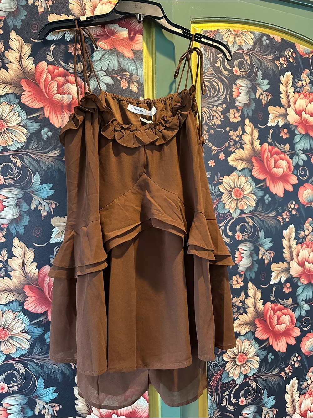 Altard State chocolate Brown Romper with Ruffle Waist